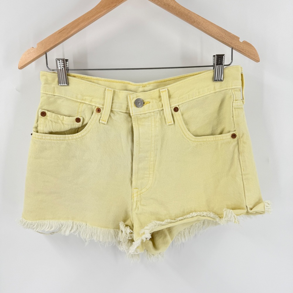 Levis 501 Original Cutoff Denim Shorts Pale‎ Yellow 28 High Rise Raw Hem Cotton